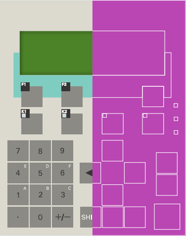 Painel frontal com teclas e visor, a esquerda imagem com o desenho das teclas, informações para uso e cores representando o painel pronto para uso. A direita imagem com contorno das teclas, visor e painel representando o desenvolvimento.